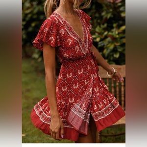 NWT Wrap V Neck Bohemian Floral Print Ruffle Swing A Line Beach Mini Dress